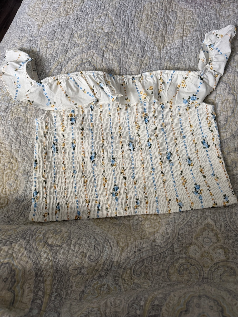 wild fable White Smocked Off-Shoulder Crop Top with Blue & Yellow Floral